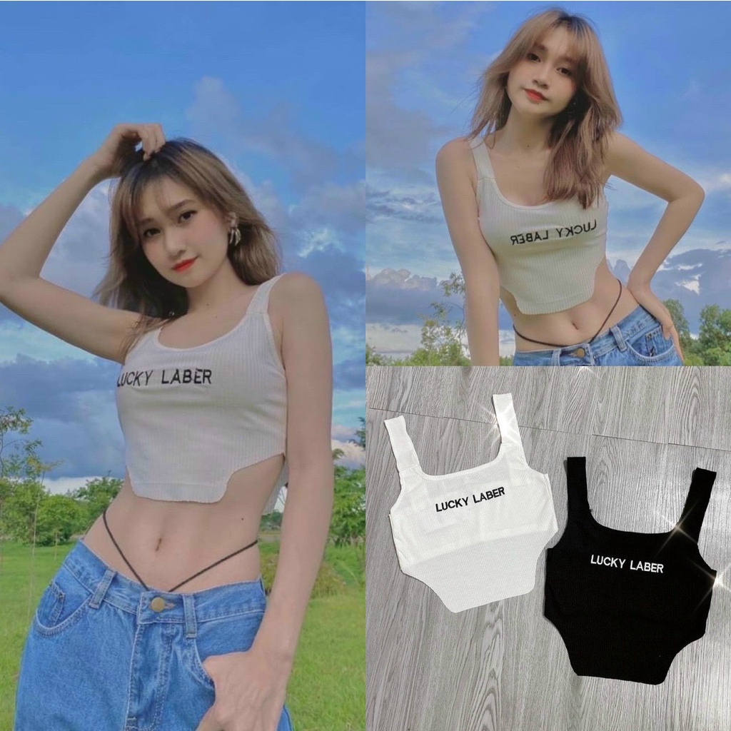 Áo croptop 2 dây bản lớn khoét khoe eo vạt lạ mắt cá tính chữ Lucky, áo sát nách hai dây cơ bản A90- 206 -2M FIORI STORE