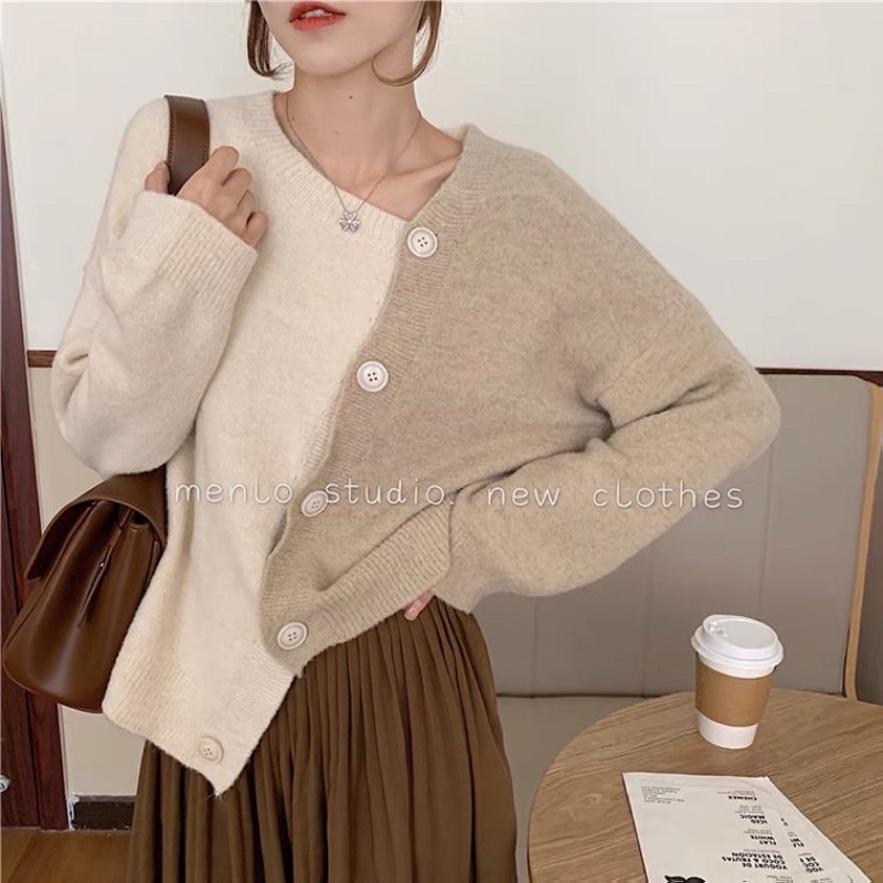 Áo cardigan lệch vạt hai màu