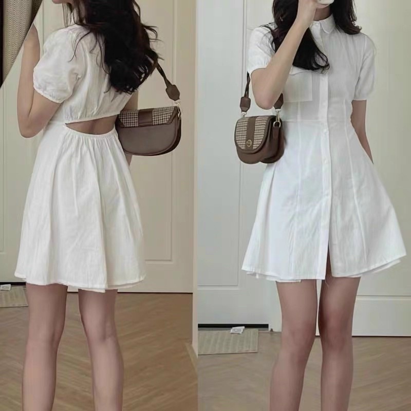 Đầm sơ mi 🌸 Váy hở lưng thắt eo dây tôn dáng thân xòe công chúa MYLADY