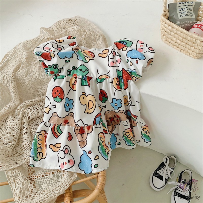 Đầm Tay Phồng Cổ Vuông In Họa Tiết Hoạt Hình Graffiti Phong Cách Hàn Quốc Cho Bé Gái