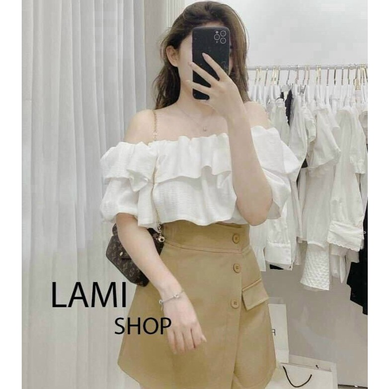 Set áo trễ vai phối bèo èm chân váy đính cúc siêu tôn dáng