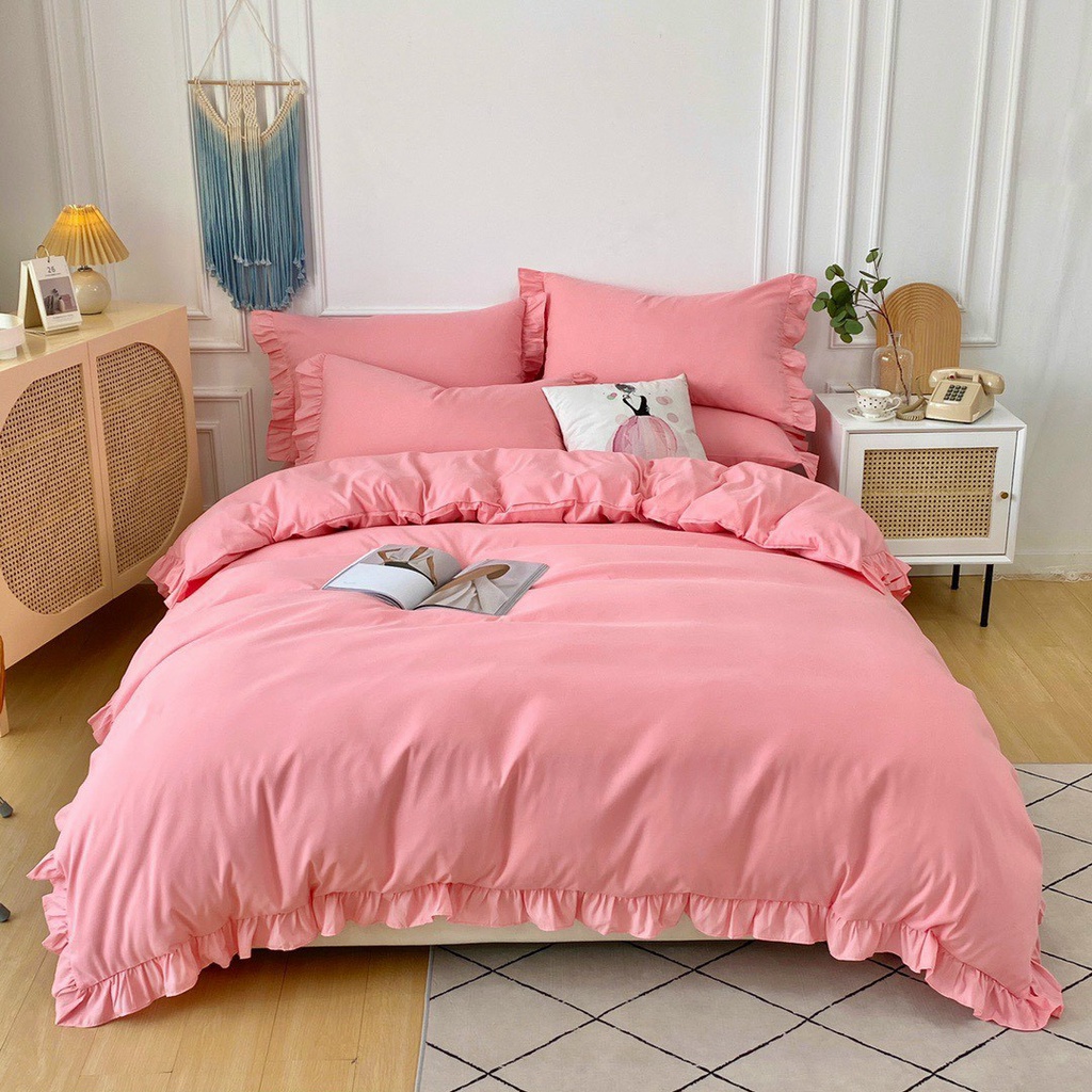 Bộ chăn ga gối Cotton Tici viền bèo phong cách Hàn Quốc, Ga Giường, Drap chăn ga