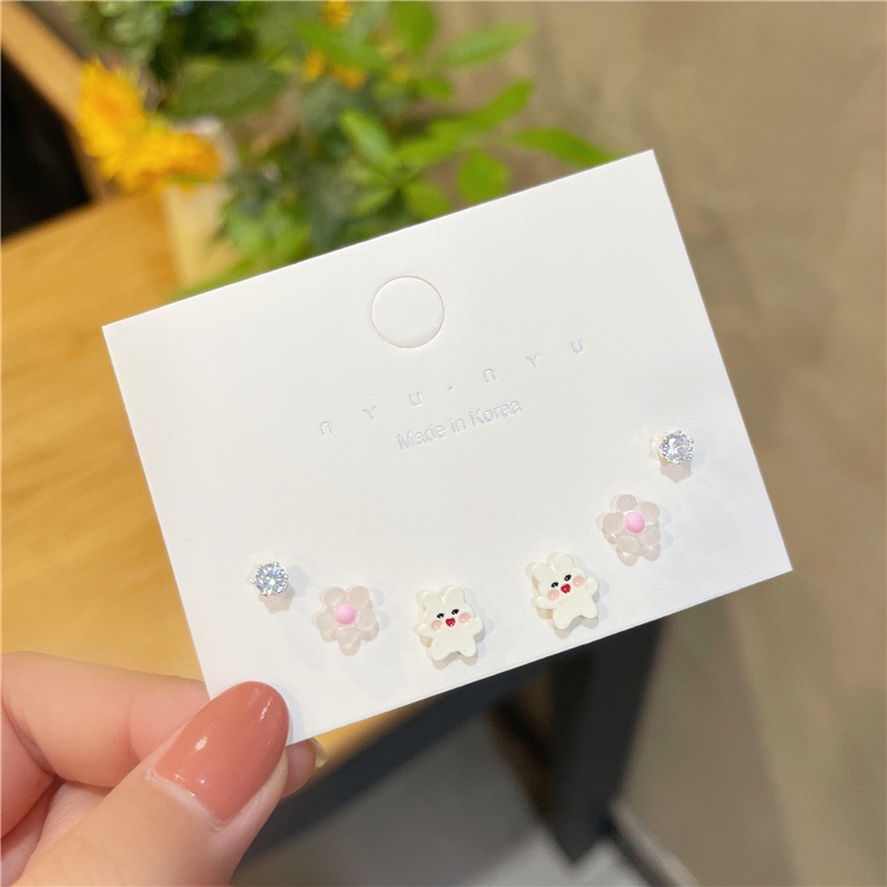 Set 6 khuyên tai hình trái tim/ hoa/ gấu đính đá dễ thương cho nữ