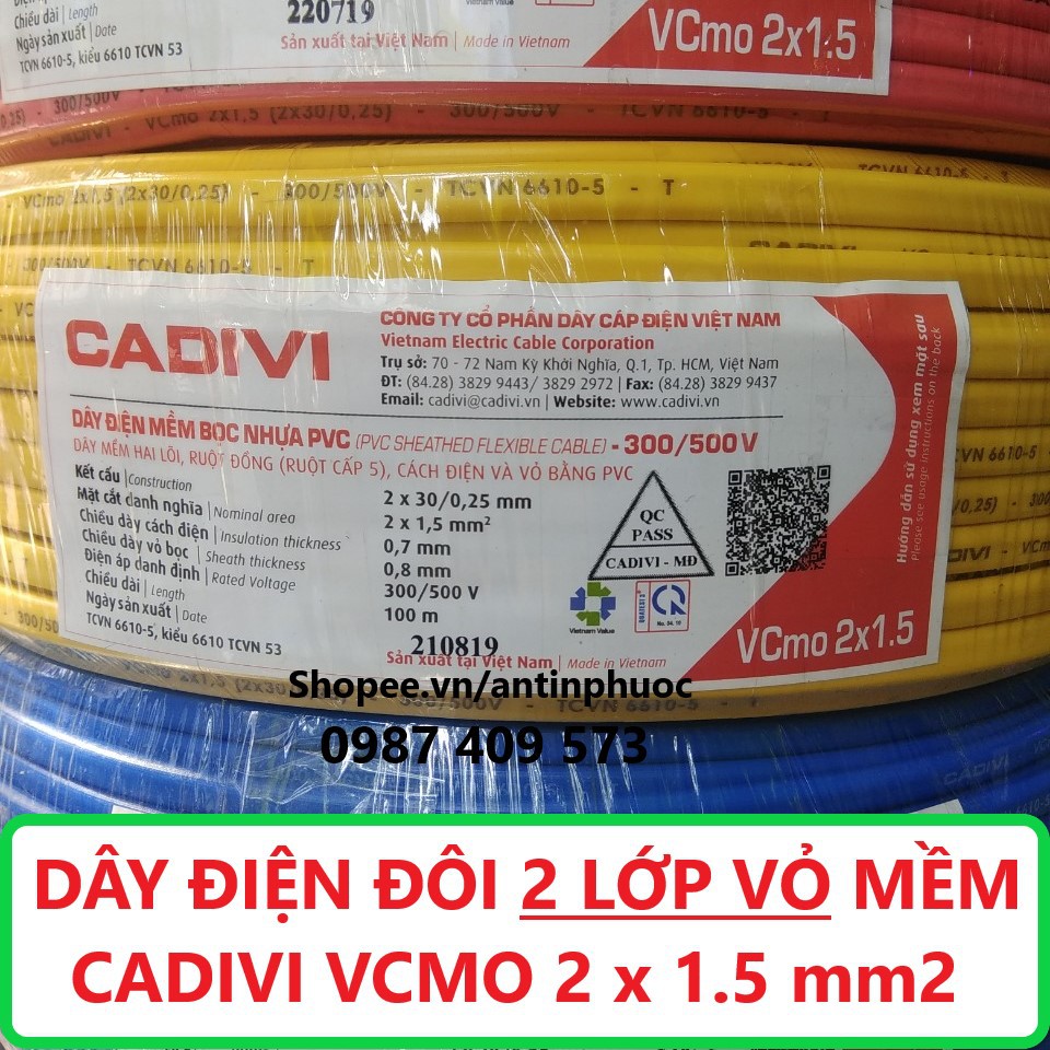 Dây điện đôi 2 lớp vỏ 2x1.5 mm Cadivi  cuộn 100 mét - dây điện mềm dẹp 2 lớp vỏ an toàn Cadivi Vcmo 2 x 1.5 mm2