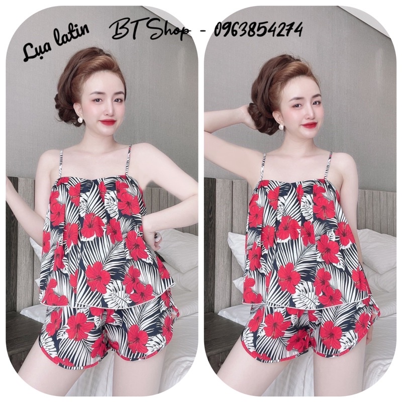 Bộ ngủ lụa latin 2 dây xếp ly hoạ tiết freesize từ 42-57kg