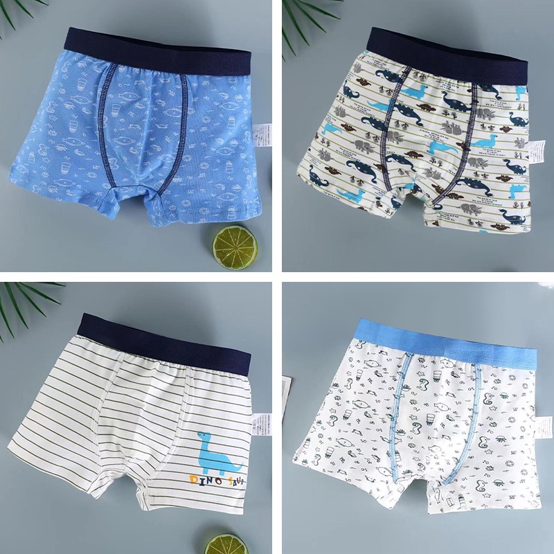 Bộ 4 Quần Lót Boxer Cotton In Họa Tiết Khủng Long Hoạt Hình Thoải Mái Cho Bé Trai 1-13 Tuổi
