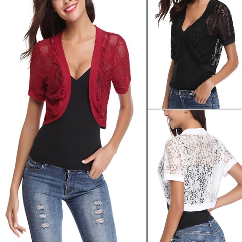 Áo Khoác Cardigan Ren Hoa Ngắn Tay Cho Nữ