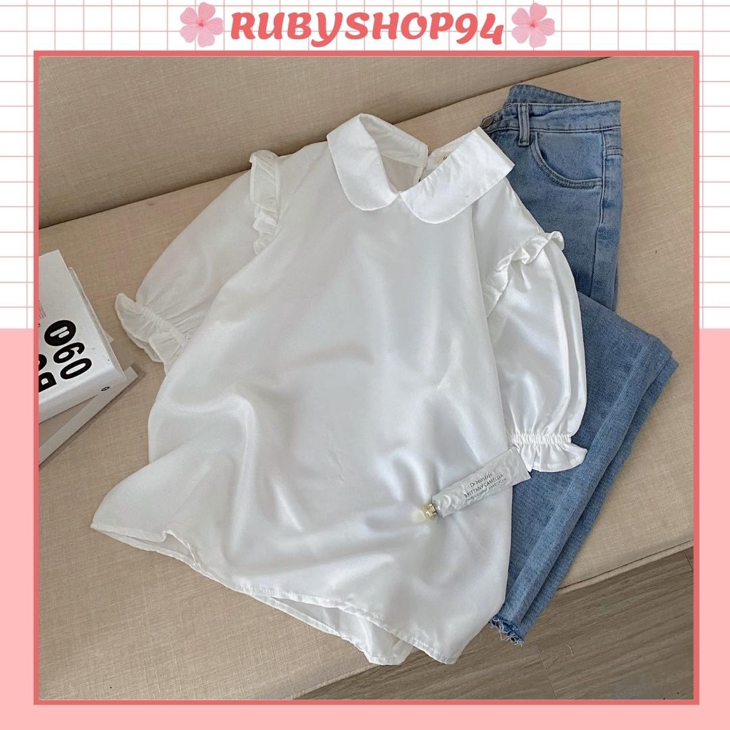Áo sơ mi trắng nữ cổ sen dài tay màu trắng đẹp, Sơ mi kiểu bánh bèo tiểu thư Hàn Quốc Rubyshop94