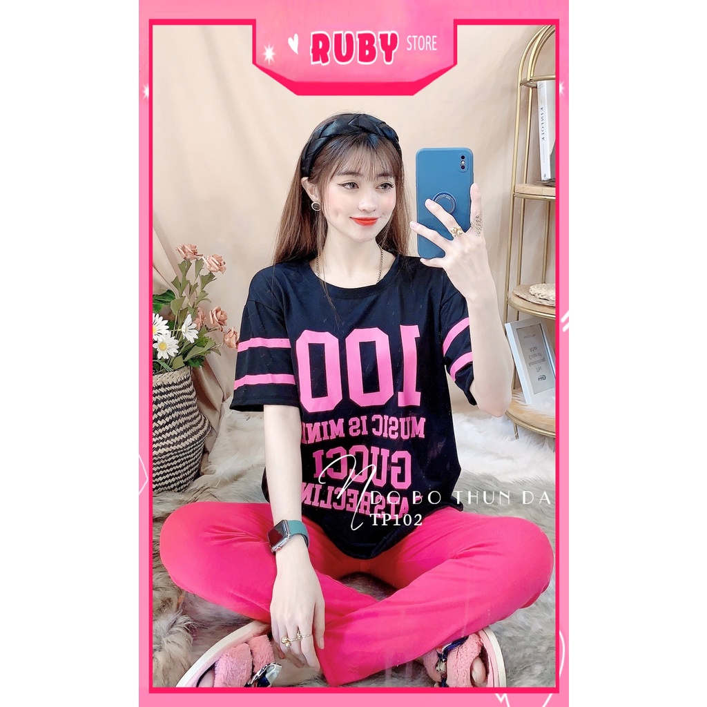 Đồ bộ thun dài cho nữ mặc nhà chất vải mềm mịn mát co giãn in họa tiết chữ dễ thương TP102