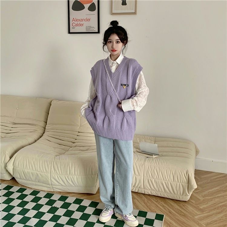 Áo không tay cổ chữ V/áo mi ren khoét rỗng phong cách Hàn Quốc