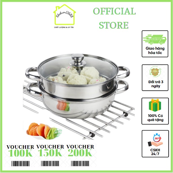 Bộ xửng hấp inox 28cm,nồi hấp đa năng 2 tầng cao cấp nắp kính, xửng hấp inox 28cm KHOBUON11688