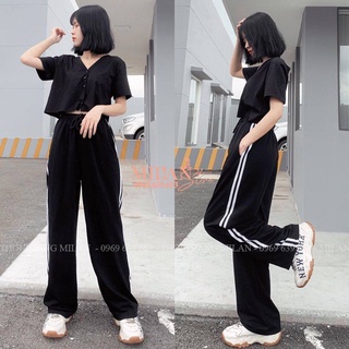 Quần thể thao ống rộng nữ suông dài vải Umi 2 kẻ sọc trắng - Quần nỉ thể thao jogeer có túi dây rút đi học sinh thể dục