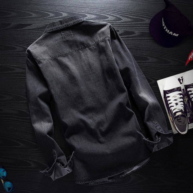 Mùa xuân và mùa thu Áo sơ mi denim đen nam dài tay Hàn Quốc Slim Hợp thời trang đẹp trai Áo sơ mi retro Nhật Bản | BigBuy360 - bigbuy360.vn