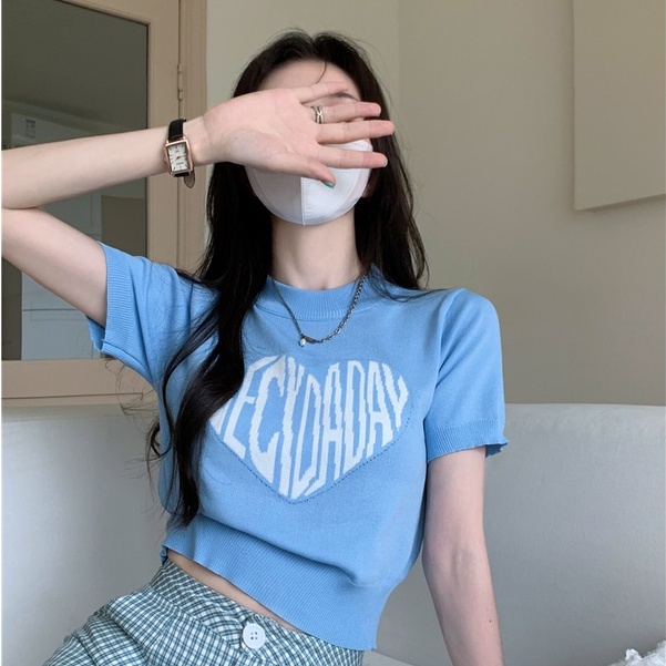 Áo Thun Dệt Kim Ngắn Tay Ôm Dáng In Chữ Và Trái Tim Thời Trang Phong Cách Hàn Quốc Cho Nữ