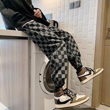 Quần Jeans Dài Ống Rộng Họa Tiết Sọc Caro Phong Cách Hàn Quốc Cho Nam