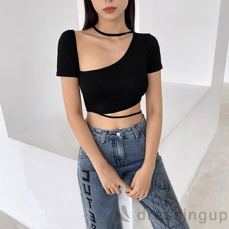 Áo Kiểu Tay Ngắn Màu Trơn Cổ Lệch Thời Trang Dành Cho Nữ