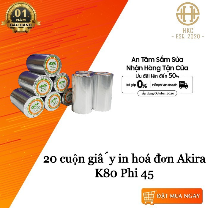 20 cuộn giấy in hoá đơn K80 đường kính 45 Akira