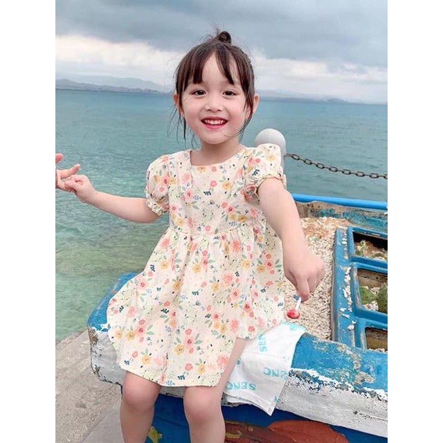 Váy bé gái siêu kute vải mỏng nhẹ mát chất thô đũi in hoa nhí xinh xắn thời trang Banamo Fashion váy hoa bé gái
