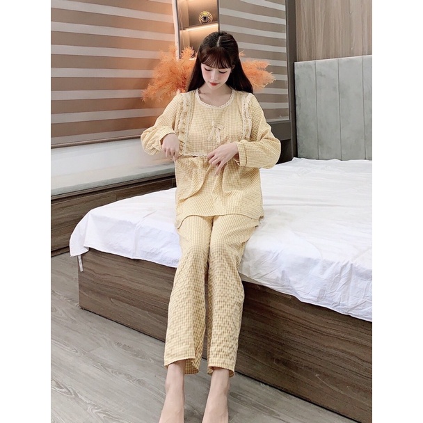 Bộ pijama Hoạ tiết kẻ ô phối ren dành cho bầu và sau sinh mặc nhà siêu thoải mái