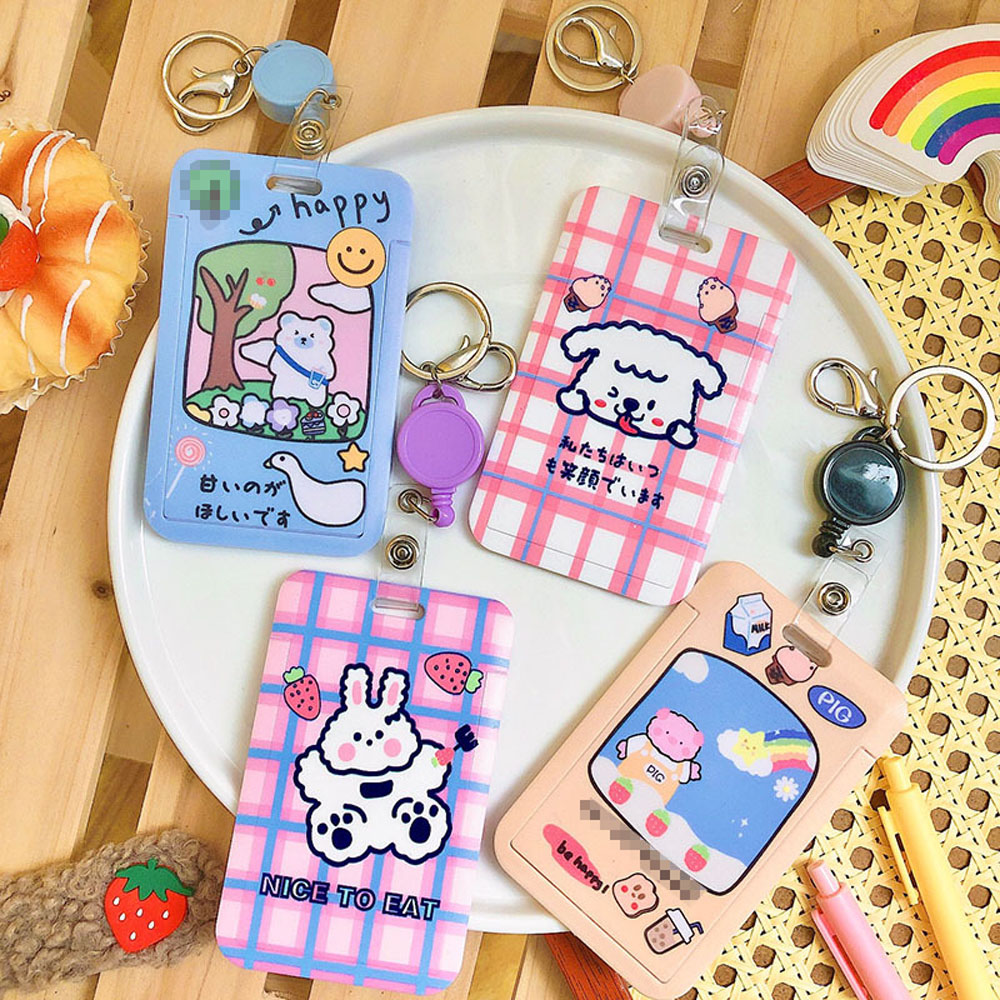 MOCHO Women Men Retractable Credit Card Holders Lovely Short Rope Keychain Bus Card Holder Cartoon Pattern Cute School Student Bag Pendant Bear Rabbits Girls Animal Korean style Name Card Protection Cover