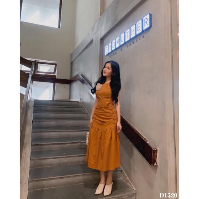 Đầm maxi nhún 3 màu kèm hoa