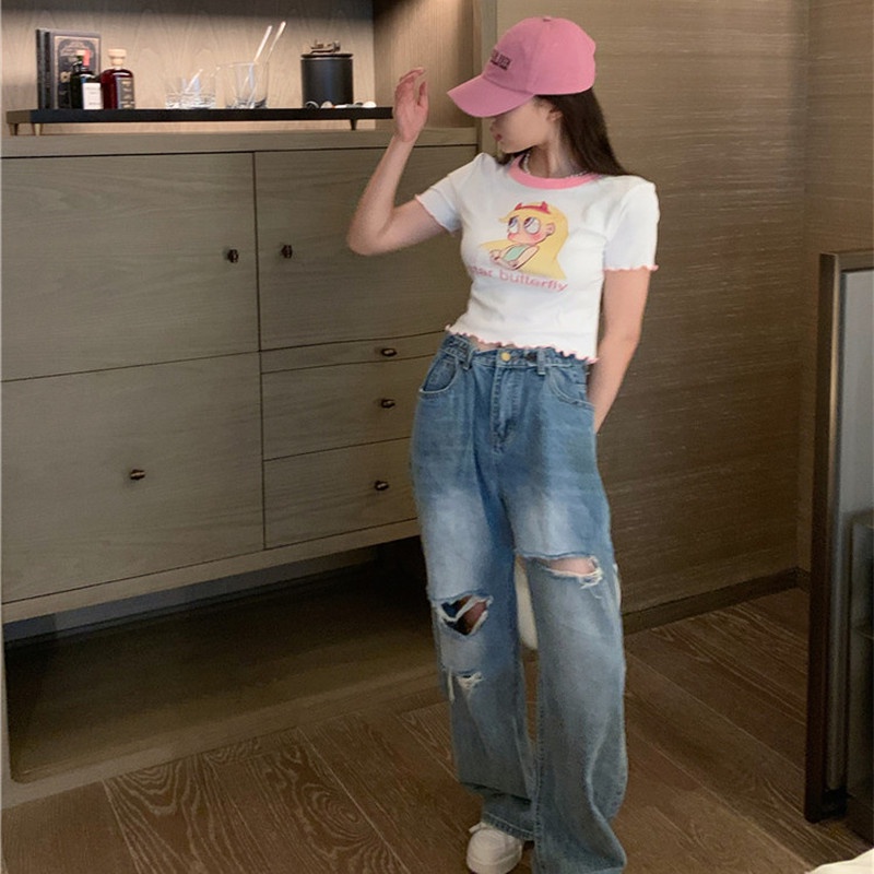 Áo Thun Nữ Tay Ngắn Dáng Ôm In Họa Tiết Hoạt Hình Dễ Thương