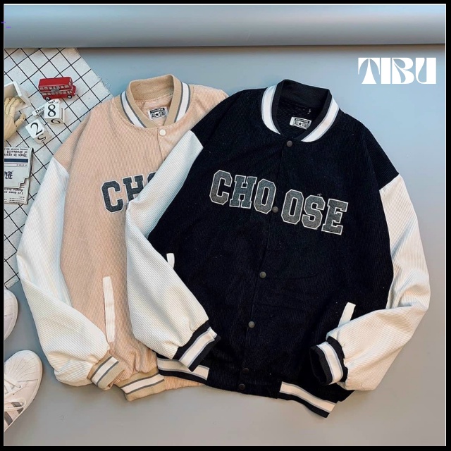 Áo Khoác Bomber Nhung Tăm Gân 2 Lớp Thêu Chữ CHOOSE ❤ Áo BomBer Bóng Chày Nam Nữ Phong Cách Hàn Quốc