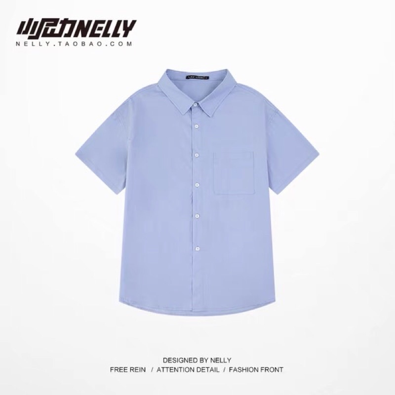 Áo sơ mi nelly sale (có sẵn) xanh biển cúc trắng túi trái trơn