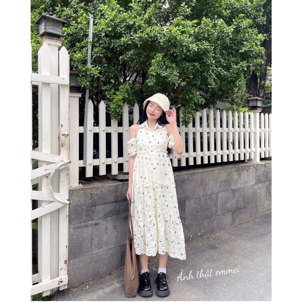 Đầm babydoll khoét vai dáng dài hoa đen nhỏ dễ thương Emmei - v165