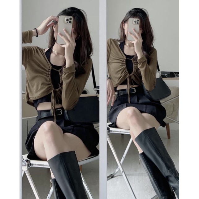 Sét áo bra + áo croptop dài tay cổ rút phong cách cá tính-1222