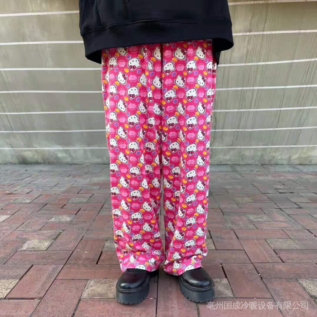 Quần Dài Ống Rộng Lưng Cao In Hình Hello Kitty Dễ Thương Thời Trang Xuân Thu Cho Bé Gái