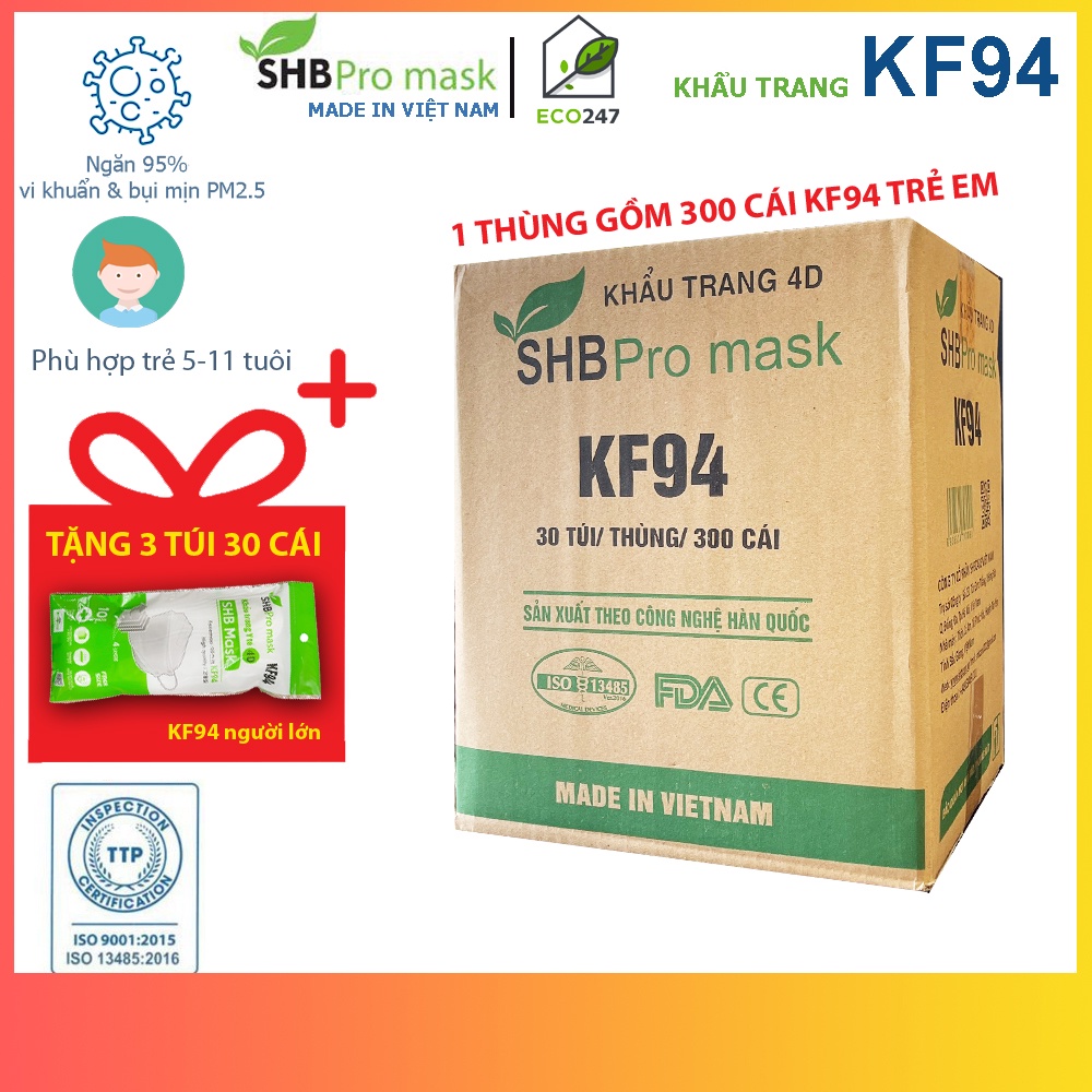 Combo 300 cái Khẩu trang KF94 trẻ em cho bé trai, bé gái, 1 thùng 300 cái Khẩu trang chính hãng SHB Pro Mask- Eco247