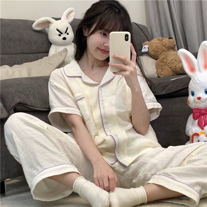 Sweetiebaby_ Bộ ngủ / mặc nhà pyjama dài muslin trơn ulzzang trắng viền tím rẻ nhất shopee