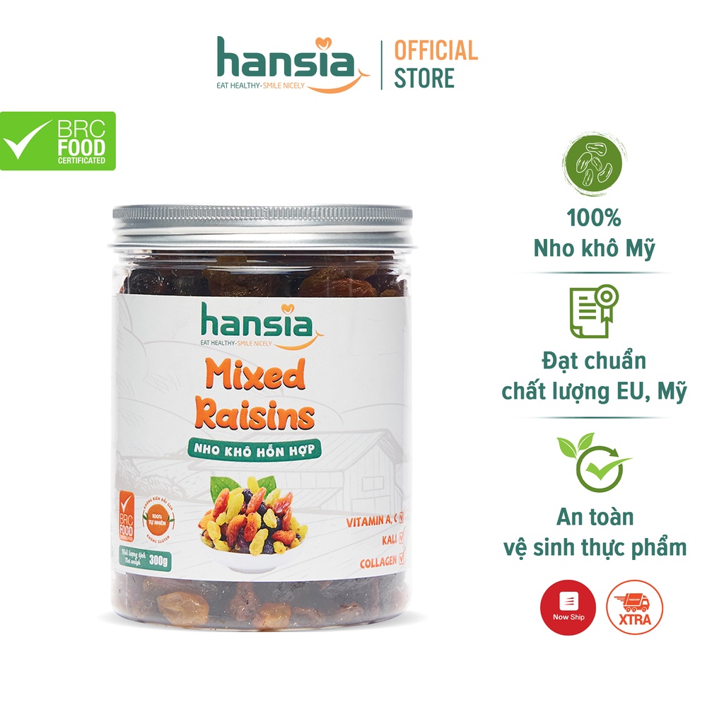 Nho Khô Hỗn Hợp Organic HANSIA Sấy Khô Tự Nhiên, Không Chất Phụ Gia, An Toàn Thơm Ngon Nhiều Dinh Dưỡng Hộp 300g