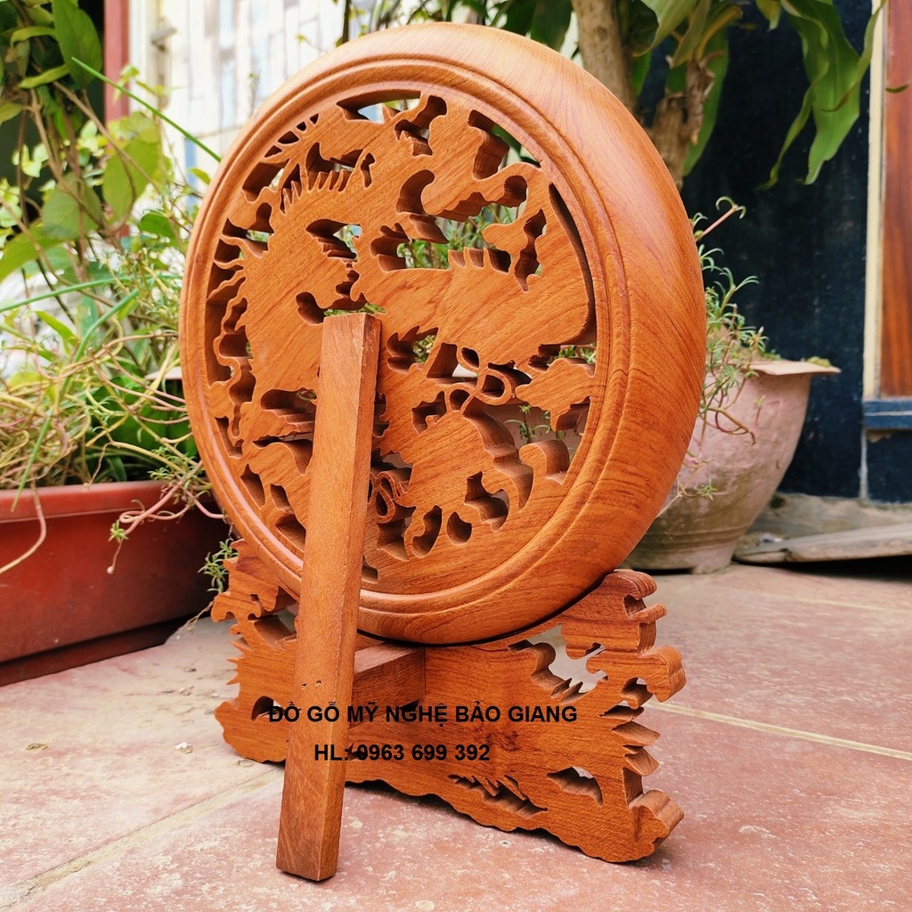 Đĩa trang trí phong thủy khắc Tứ Linh gỗ hương