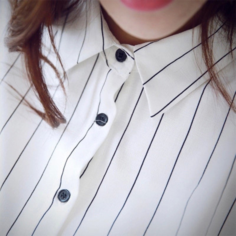 Áo đầm kiểu áo sơ mi kẻ sọc cổ bẻ dài tay cho nữ