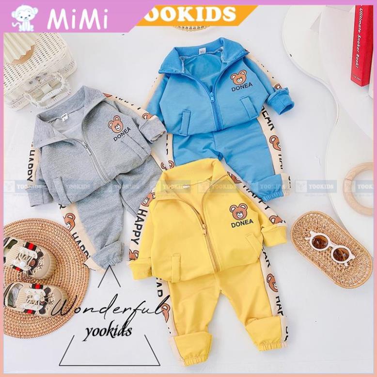 Bộ thu đông cho bé YOOKIDS khóa kéo chất da cá mềm ấm in hình gấu siêu xinh, Quần áo thu đông cho bé 1 2 3 4 tuổi