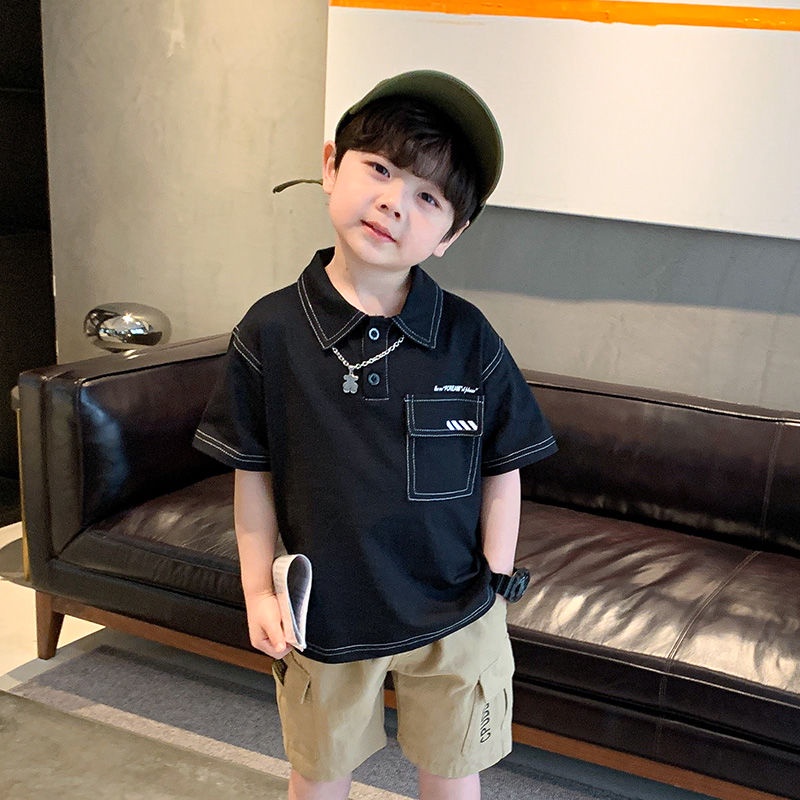 Set Đồ Thể Thao Mùa Hè Gồm Áo Thun Tay Cộc Có Cổ + Quần Bằng Cotton Trơn Phong Cách Phương Tây Cho Bé Trai