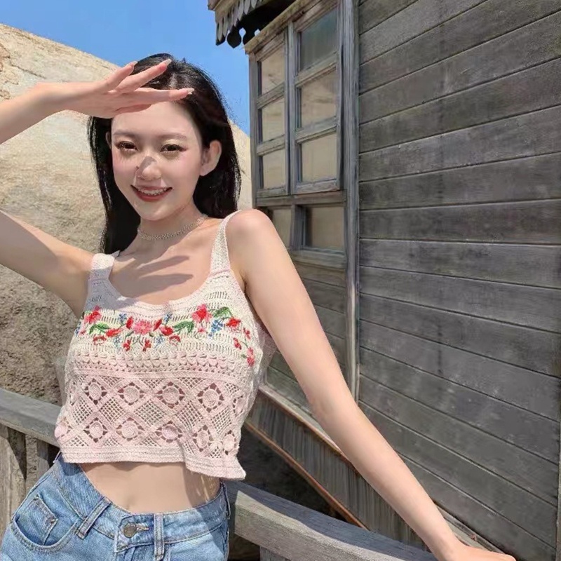 Xiangbao Áo Crop Top Không Tay Khoét Lỗ Đính Kim Cương Màu Sắc Tương Phản Phong Cách Vintage Mùa Hè Cho Nữ