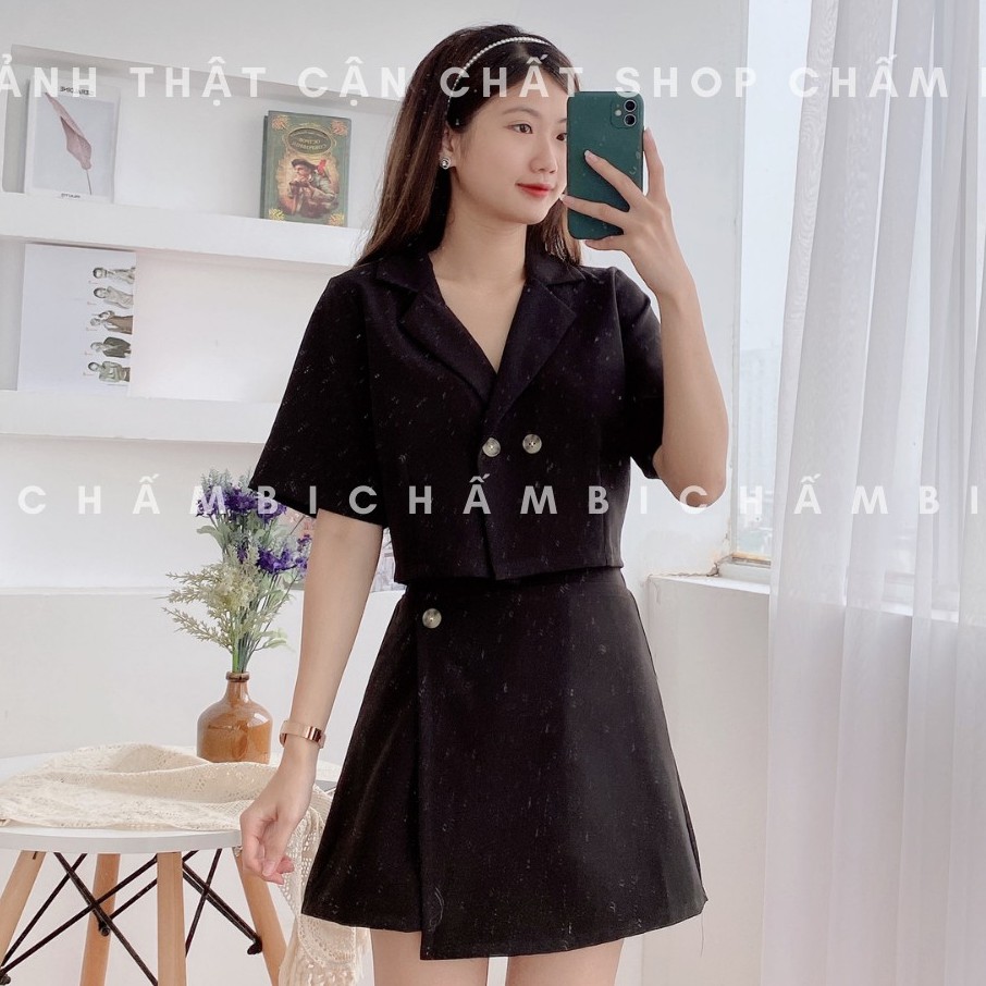 Set Áo Sơ Mi Cộc Tay Cổ Vest Dáng Croptop Và Chân Váy Lệch Vạt 1 Cúc Siêu Xinh - S.042