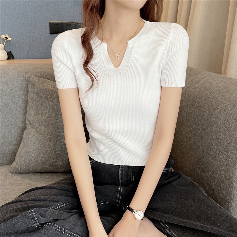 Áo croptop len tăm dệt kim nữ tay ngắn cổ v polo phong cách Hàn Quốc New Arival