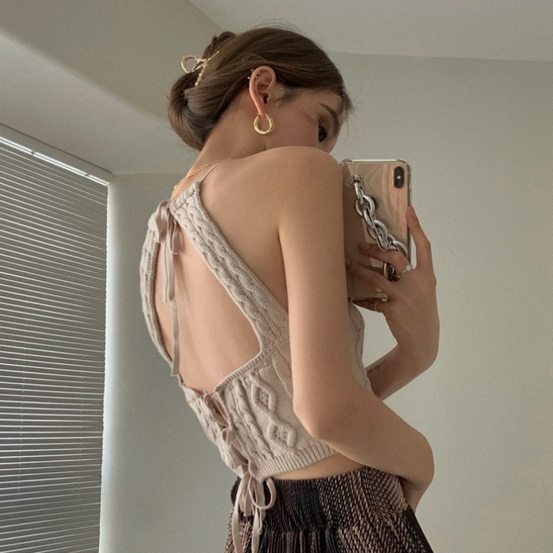 Áo Cổ Yếm Đan Lụa Hở Lưng Màu Trơn Phong Cách Hàn Quốc Thời Trang Mùa Hè Quyến Rũ Dành Cho Nữ  Áo hai dây