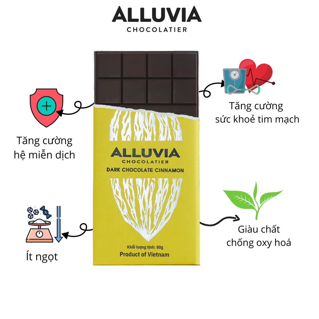 Socola đen nguyên chất vị Quế Trà Bồng đắng vừa ít ngọt Alluvia Chocolate Dark chocolate with cinnamon
