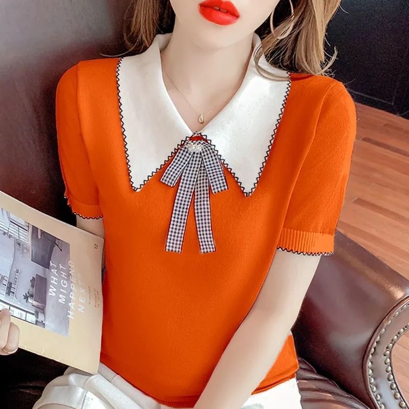 【ZHELIHANGFEI】Áo Thun Dệt Kim Tay Ngắn Cổ Búp Bê Thắt Nơ Xinh Xắn Hợp Thời Trang
