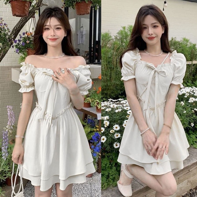 Đầm Cổ Vuông Tay Phồng Đính Nơ Phong Cách Retro Pháp