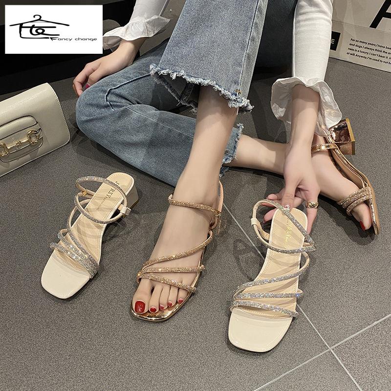 Giày Sandal Cao Gót Đế Dày Đính Đá Thời Trang Mùa Hè Cho Nữ
