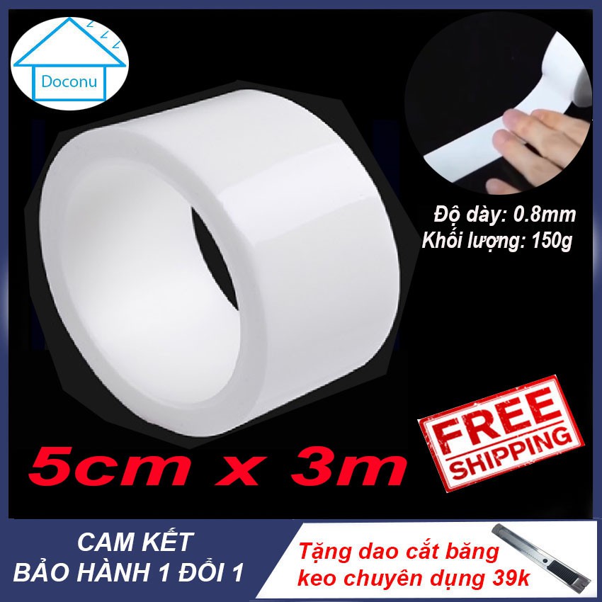 Băng dính 5cm x 3m màu trắng dán mép tường đa năng chống thấm màu trắng DOCONU. [CAM KẾT BẢO HÀNH 1 ĐỔI 1]