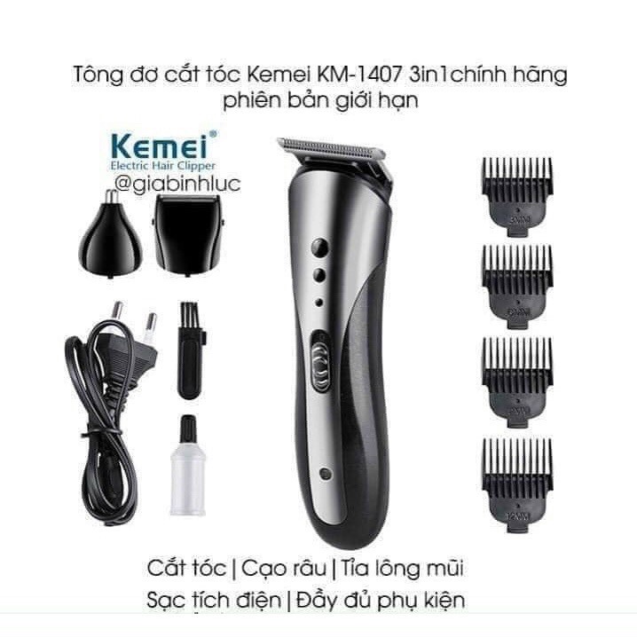 Tông Đơ Cắt Tóc KEMEI 1407 Kiêm Cạo Râu Tỉa Lông Mũi 3in1 Cao Cấp