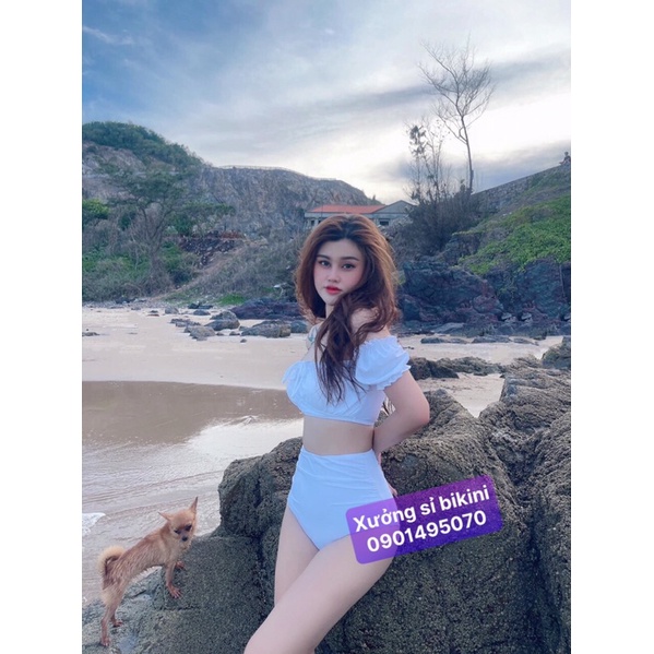 Bikini 2 mảnh lưng cao, Đồ bơi nữ  áo trễ vai mix quần lưng cao nhún che bụng nhiều màu