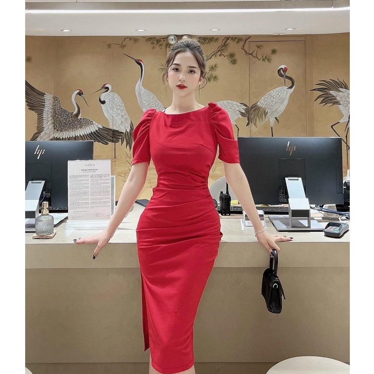 Đầm body dự tiệc tôn dáng kiều đầm màu trắng, đen, đỏ, vàng xẻ tà sang trọng thanh lịch quyến rũ thời trang nữ ARAVA